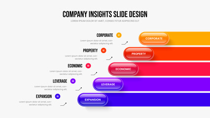 Project Briefing 5 Step Diagram Presentation Design. Product Campaign Five Option Infographic Slideshow Layout. Investor Strategy Slide Template Vector Illustration.