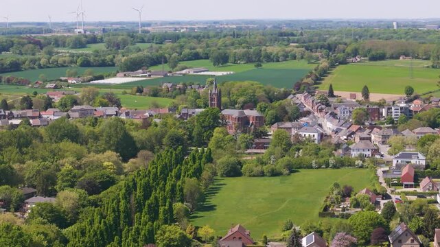 buildings unique architecture seneffe town vibrant colors charming layouts structures create from left to right pans aerial drone view belgium captivating 