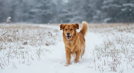 Happy golden retriever joyfully running through a snow-covered field with a blurred forest background on a winter day, capturing the essence of playful canine energy in a serene snowy landscape