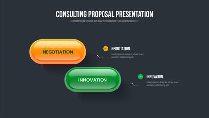 Visual Report Two Element Infographic Slide Layout. Product Campaign Frame Template Vector Illustration. Corporate Insight 2 Step Diagram Presentation Design.