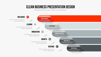 Consulting Insight Slide Design Vector Illustration. Professional Forecast 5 Step Infographic Slideshow Template. Company Performance Five Element Diagram Frame Layout.