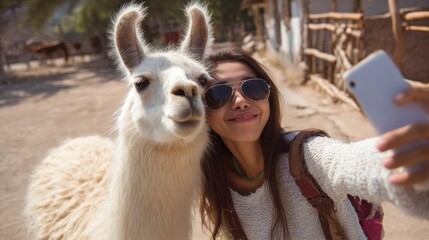 Woman taking a selfie with a llama in an outdoor rural setting