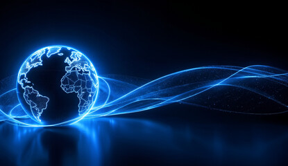 Glowing Earth with Blue Energy Waves on Dark Background