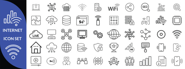 Internet icon set. Outline icons pack. Network related icon set. Contain linear sign network, web, communication, server, connect, connection, computer and more .big icon set 