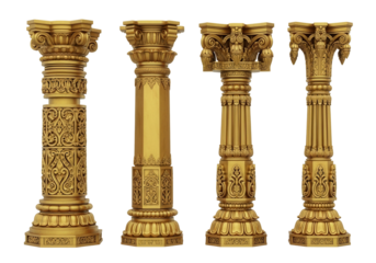 Set of Four Golden Temple Pillars, Traditional Indian Architectural Columns, Sacred Decorative Elements isolated