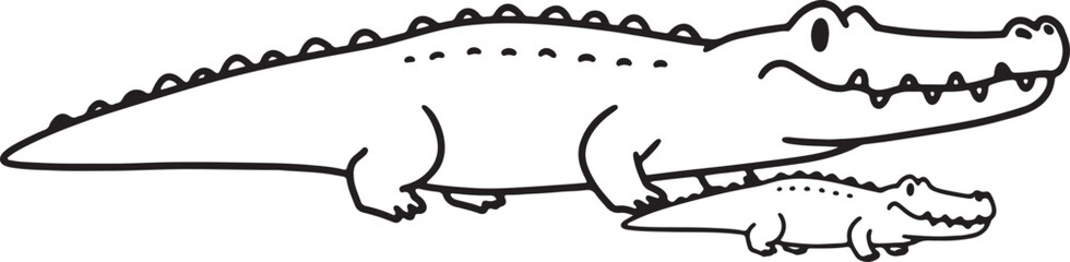 Obraz premium Two outline alligators mother and child in simple black and white vector illustration