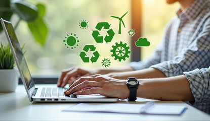 Person working on a laptop with sustainability icons floating above, emphasizing eco-friendly practices.