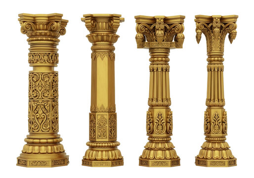 Set of Four Golden Temple Pillars, Traditional Indian Architectural Columns, Sacred Decorative Elements isolated