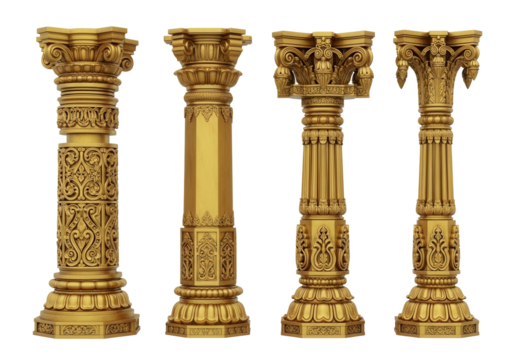 Set of Four Golden Temple Pillars, Traditional Indian Architectural Columns, Sacred Decorative Elements isolated