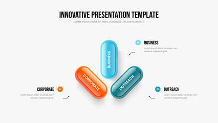Corporate Introduction 3 Step Infographic Presentation Layout. Marketing Report Three Element Diagram Frame Template. Professional Performance Slide Design Vector Illustration.