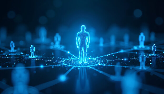 Network of interconnected human figures with a central glowing silhouette against a blue background