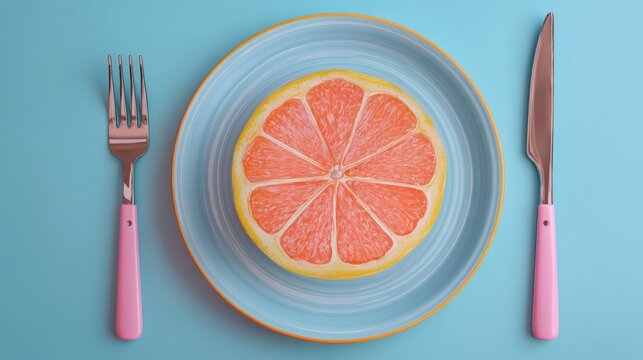 Colorful citrus fruit slice on plate with utensils against blue background