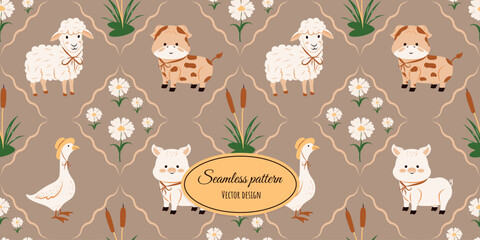 Modern, vintage, seamless pattern with cute pets. Ram, pig, cow, goose in a hat, flowers, reeds, hand-drawn in a modern style. Vector flat illustration. © Alyona 