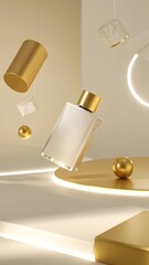 Mockup Luxury Perfume Bottle with Gold Accents and Abstract Geometric Shapes