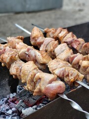 Juicy Meat Skewers Grilling Over Fire