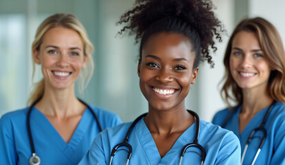 Three smiling healthcare professionals in blue scrubs with stethoscopes