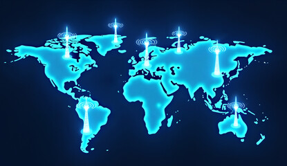 Global Network Connectivity Map with Blue Illuminated Nodes