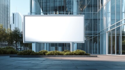 Blank billboard outside a modern glass building for advertising purposes