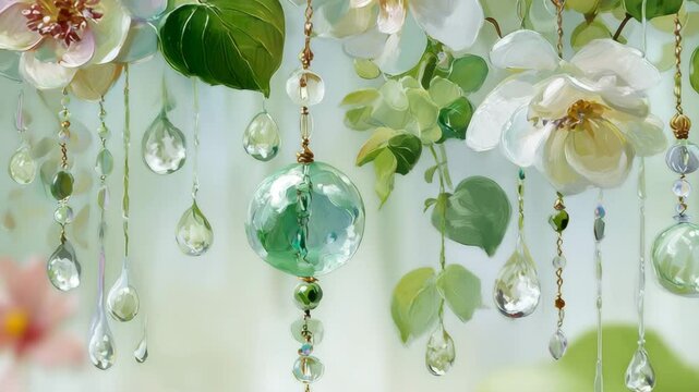 Delicate floral and crystal decoration with translucent beads and white blossoms hanging gracefully in soft natural light. The dreamy and elegant aesthetic evokes feelings of serenity, romance, and fa