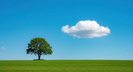 Obraz premium A single tree standing in a green field with a cloud in the bright blue sky