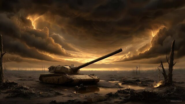 Desolate landscape with tank