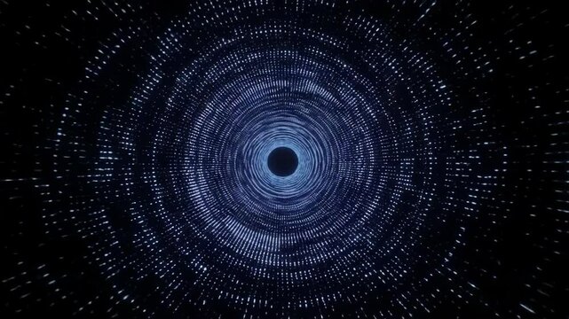 Looping tunnel of glowing dots in 3D space &mdash; smooth sci-fi animation with infinite forward motion through digital vortex, dark abstract background