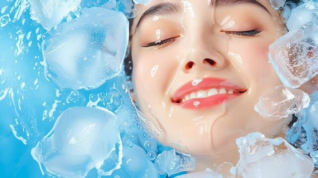 Young woman with closed eyes surrounded by ice cubes, water droplets on skin, serene expression highlighting skincare and refreshment concept.
