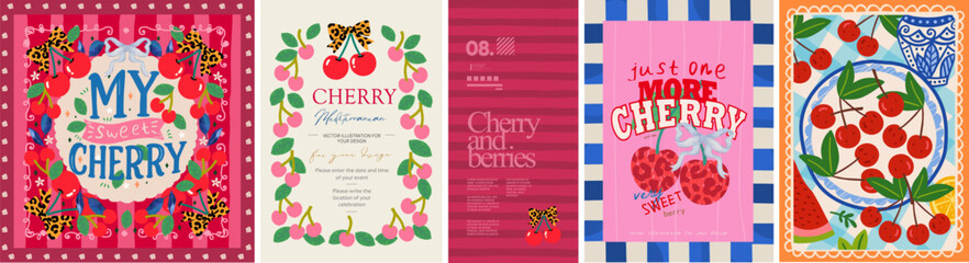 Cherry. Vector illustration of berries, table with plate, event invitation, t-shirt print and label for poster, greeting card, wall art or background © Ardea-studio