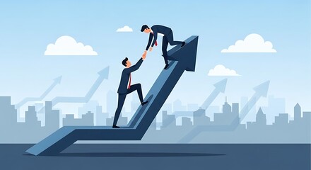 Two businesspeople collaborate to climb a rising graph, symbolizing teamwork and success in a city backdrop.
