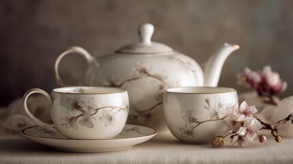 Elegant white porcelain tea set with floral pattern