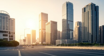 Urban skyline with modern steel and glass towers reflecting sunlight