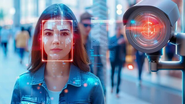 Young woman with digital facial recognition overlay, security camera scanning biometric data in crowded public space. Futuristic technology visualizing digital tracking and privacy concerns.