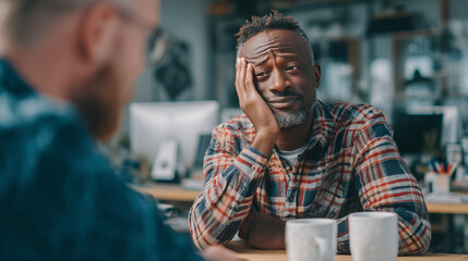 Fototapeta premium African American man looks concerned as he receives advice from colleague. He appears worried about information and feels stressed