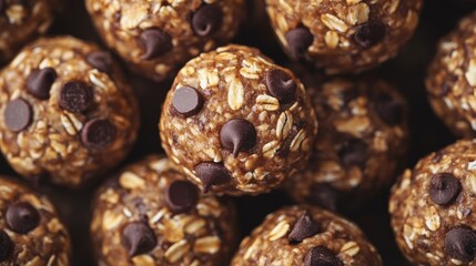 Close up of homemade energy bites arranged on a wooden board showing oats nut butter and chocolate chips in bright natural lighting