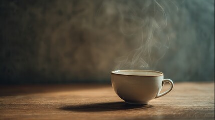 Obraz premium Steaming ceramic teacup on rustic wooden table