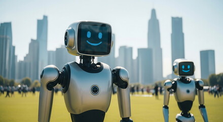 Friendly Smiling Robots in Sunny Park with Modern City Skyline