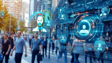 Futuristic facial recognition interface overlaying city street with holographic user profiles, displaying advanced data visualization of pedestrian tracking in metropolitan environment. - Powered by Adobe