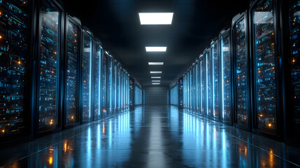 Fototapeta premium Rows of server racks filled with computer equipment glow blue
