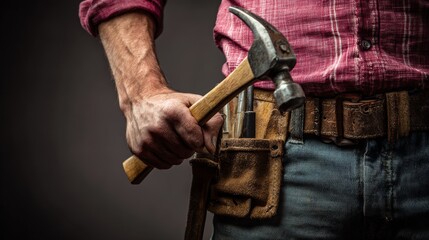 Experienced construction worker wearing safety helmet and gloves while holding hammer