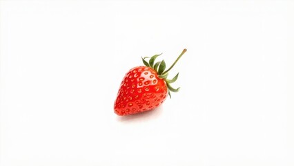 ingle Red Strawberry on White Background. A single, ripe red strawberry, with its green stem and leaves, isolated against a stark white background. The strawberry shows texture and detail