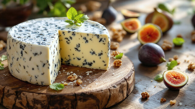 A wooden table with a wheel of creamy blue cheese, accented by fresh figs and walnuts.