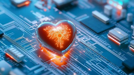 Glowing heart-shaped element with neural network pattern positioned on circuit board background. Technological visualization representing connection between human emotion and digital intelligence. - Powered by Adobe
