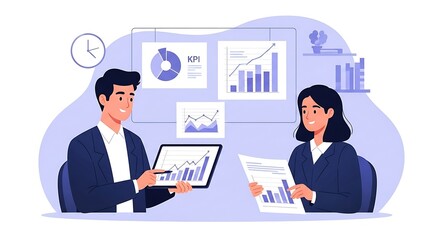 Two business professionals analyze data displayed on a tablet and whiteboard, discussing performance and growth.