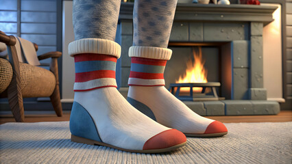 Adult feet wearing cozy striped socks resting on a rug near a warm fireplace winter