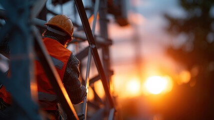 Technician Climbing Lattice Tower at Sunrise in Vibrant Colors