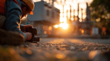 Technician Using Camera to Scan Insulators During Sunset Light