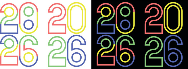 Happy New Year 2026. Colorful vector illustration isolated on Dual Light and Dark Background. Modern Overlapping Numbers Design in Bold Geometric Style.