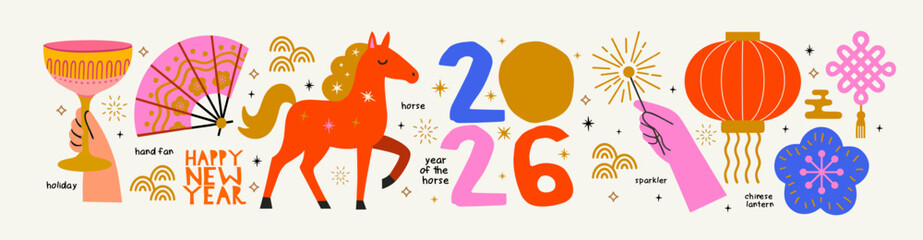 2026. Year of the Horse. Happy New Year! Vector cute illustrations of horse, fan, sparklers in hand, Chinese lanterns and festive elements and objects for icons, greeting card or congratulations