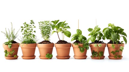 **A Fully Organic Herb Garden Containing Mint, Coriander, Basil, And Lemongrass Arranged In Clean Terracotta Pots. Each Pot Is Labeled With A Color-Coded Stick (No Text Shown). Background Is Plain Whi