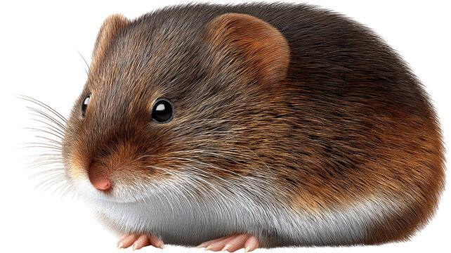 A cute vole is isolated on transparent background, looking at the camera
